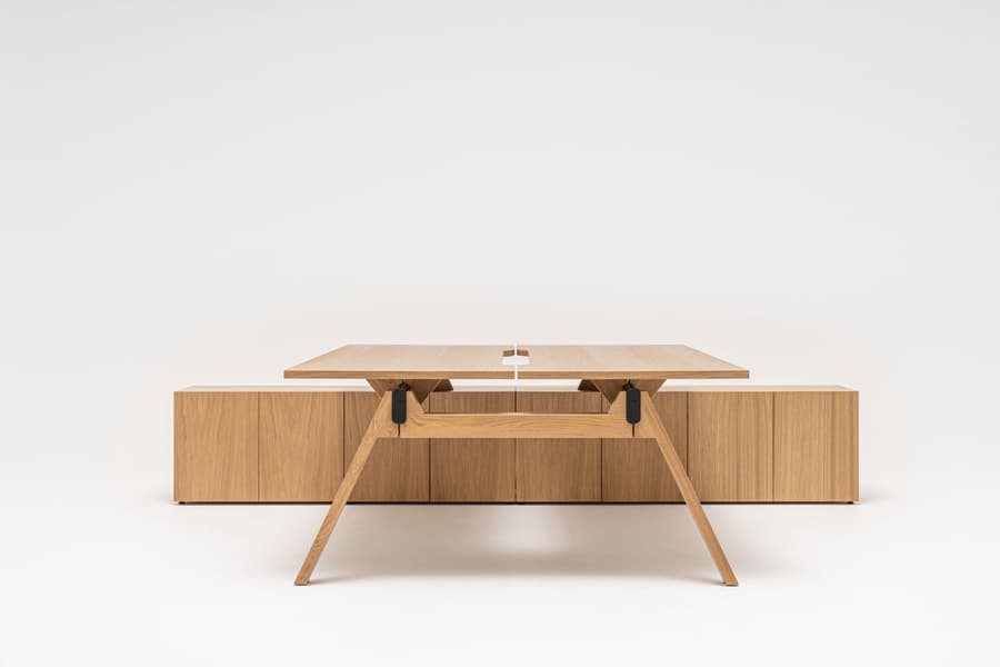 Viga – Avec rangement manager 3 portes x 2 — Bench avec meuble retour (meuble mélaminé, L2400×P1600)